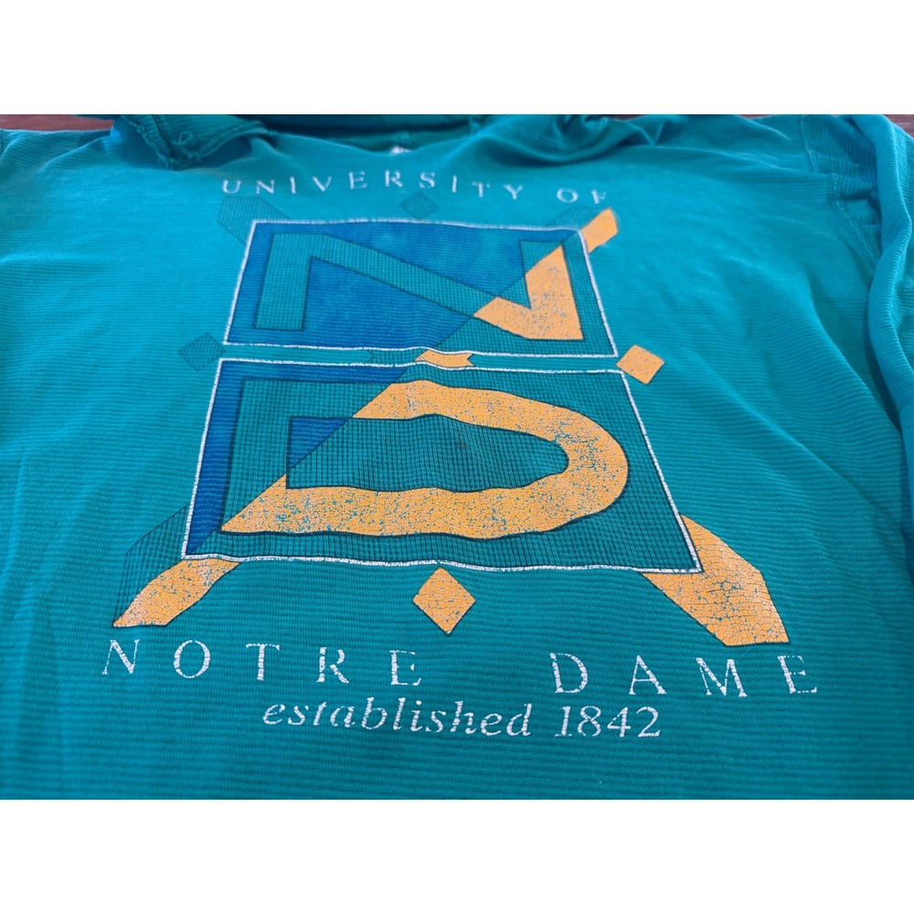 Vintage Galt Sand Notre Dame Thermal Hoodie Teal Green Large USA Distressed